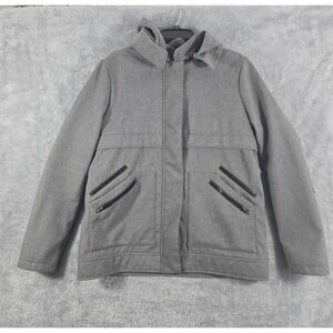 Fabletics Womens Large Grey Hooded Jacket Faux Leather Elbow Patches Pockets